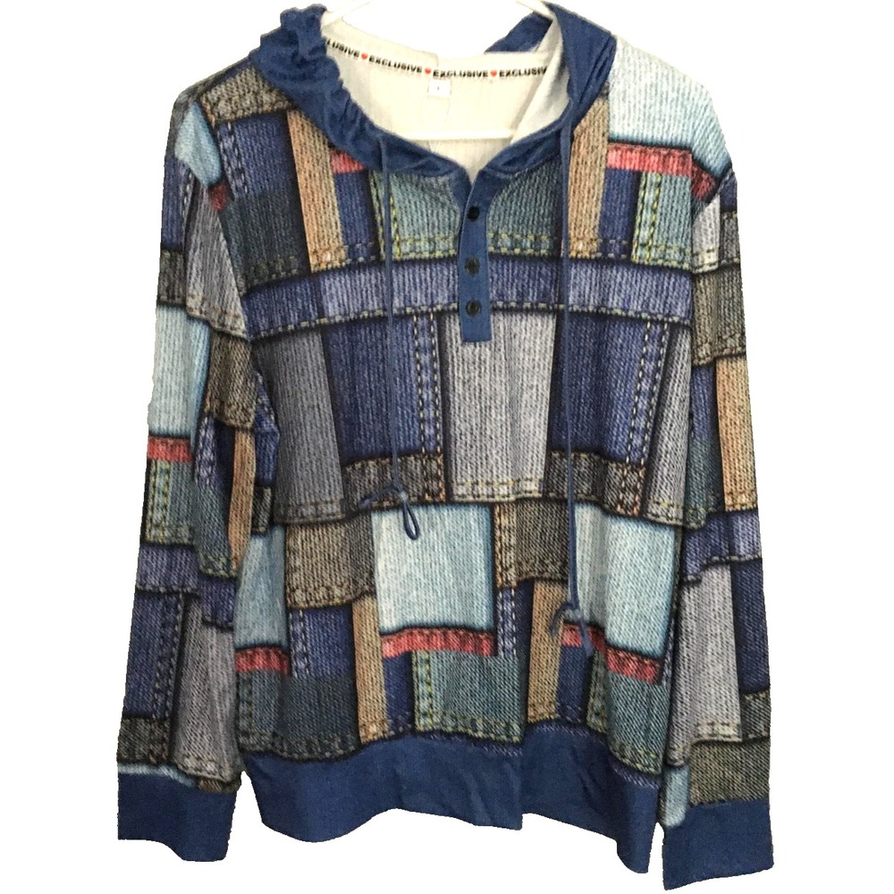 Exclusive Hoodie Womens L Blue Patchwork Denim Print Pullover Lightweight NWT